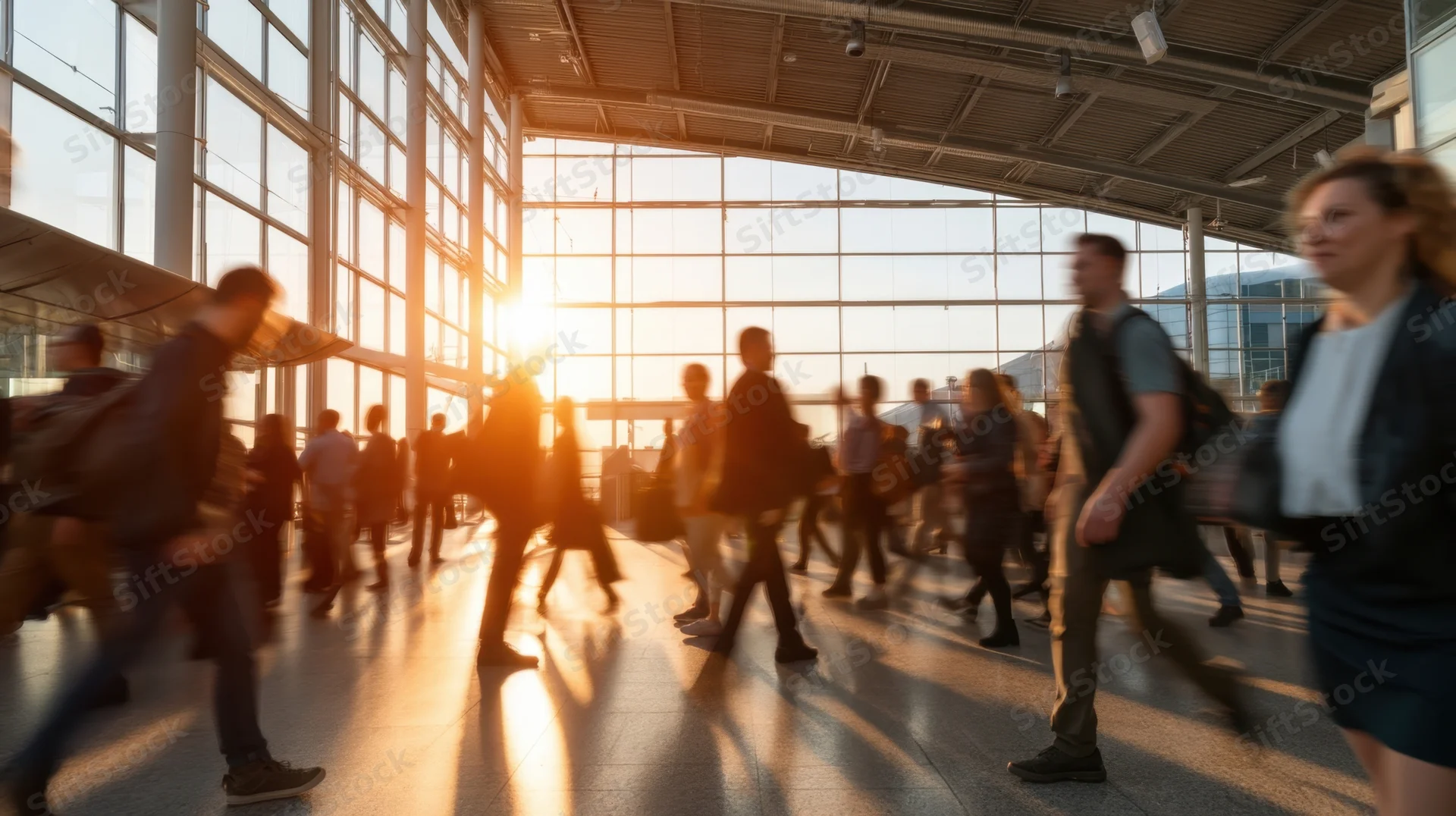 Travelers moving through a modern airport terminal at sunset