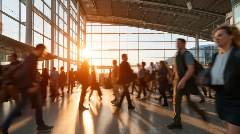 Travelers moving through a modern airport terminal at sunset