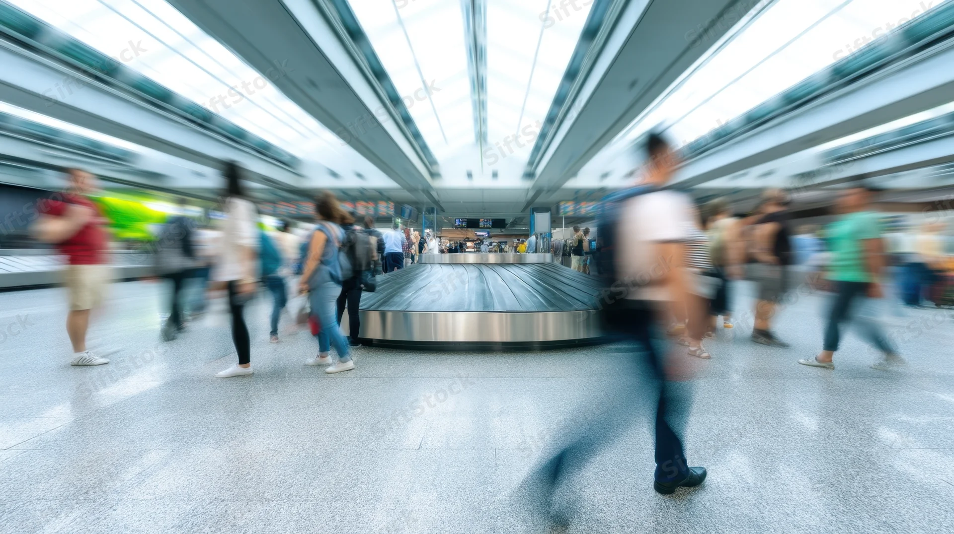 Travelers moving through airport terminal near baggage conveyor belt