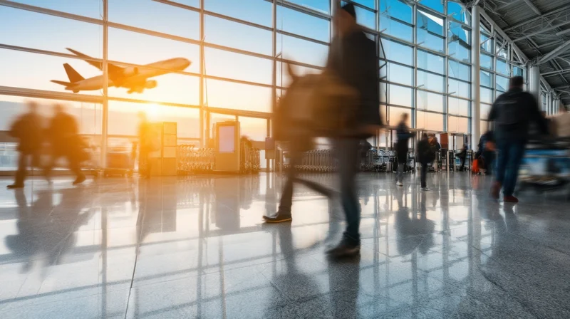Travelers moving through airport terminal at sunset with airplane visible through large windows