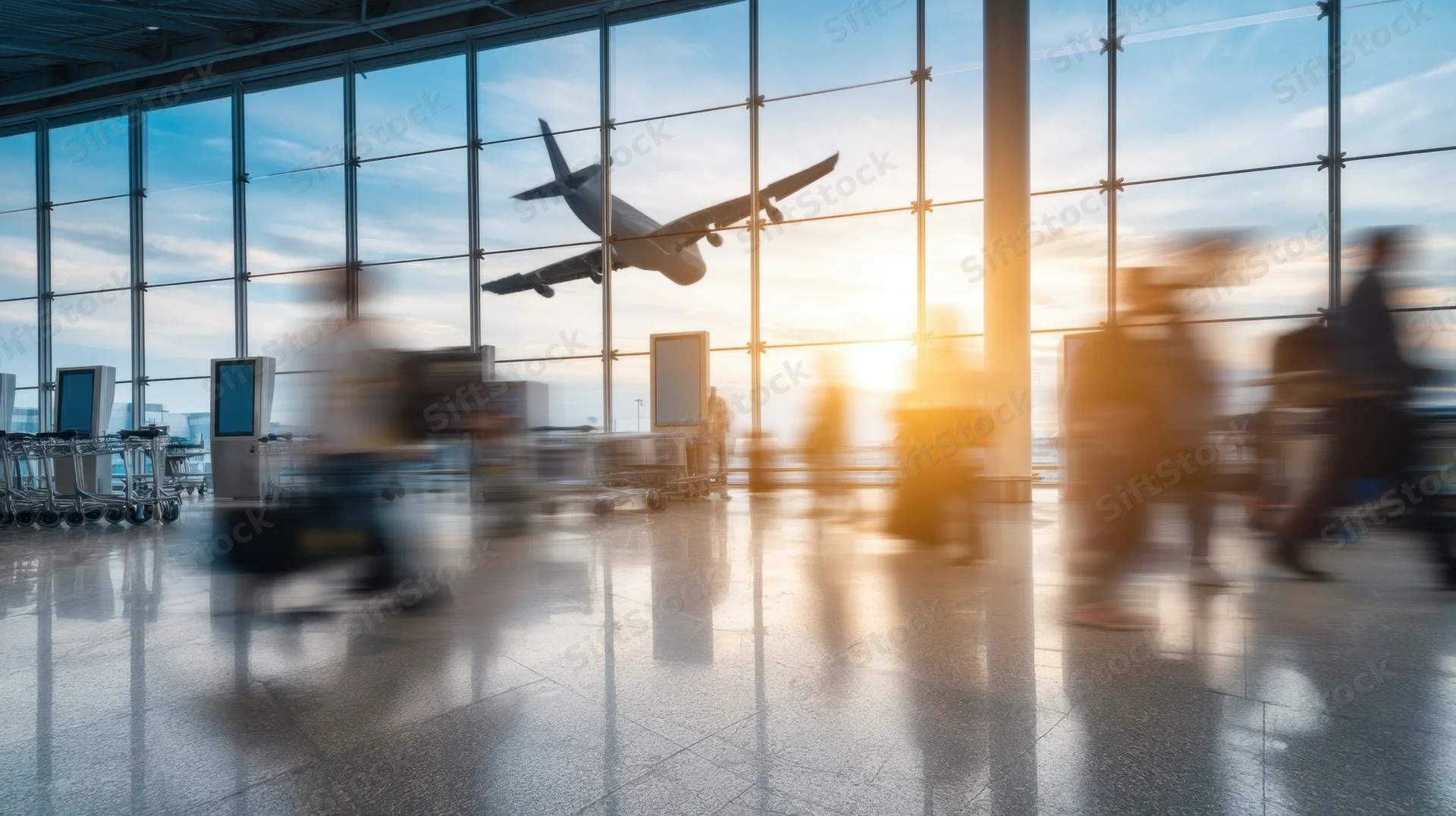 Travelers moving through airport terminal with airplane taking off visible through large windows at sunset