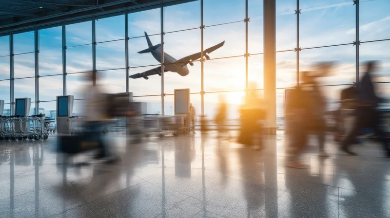Travelers moving through airport terminal with airplane taking off visible through large windows at sunset