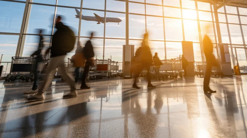 Silhouetted travelers moving through a sunlit airport terminal with aircraft visible outside