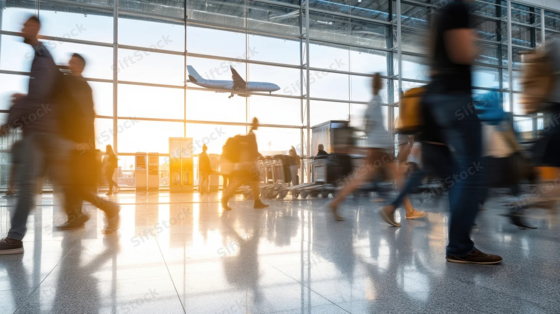 Blurred travelers moving through a modern airport terminal with sunlight streaming through large windows and an airplane visible on the runway outside