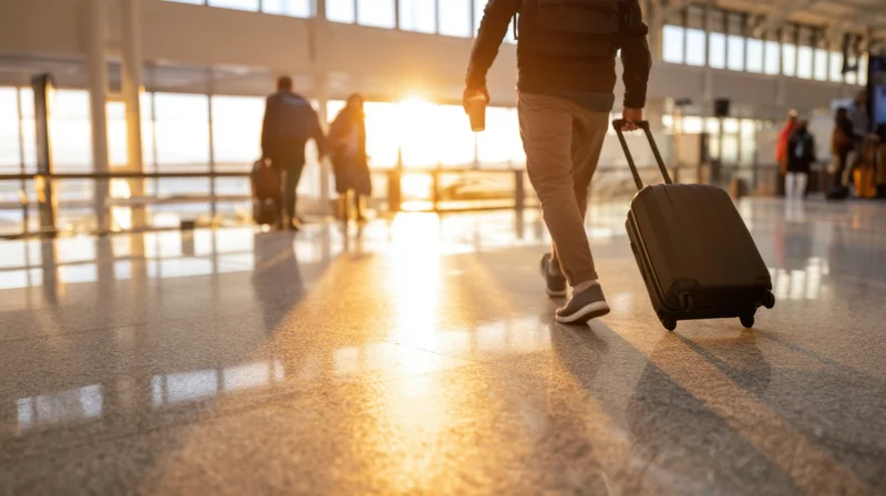Traveler pulling suitcase through airport terminal at sunset