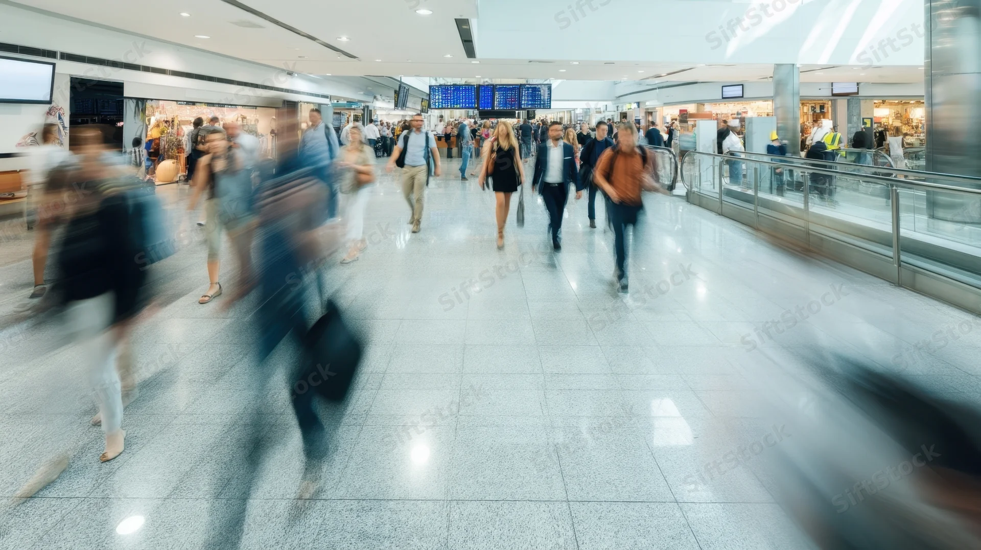 Travelers moving through a busy airport terminal hallway