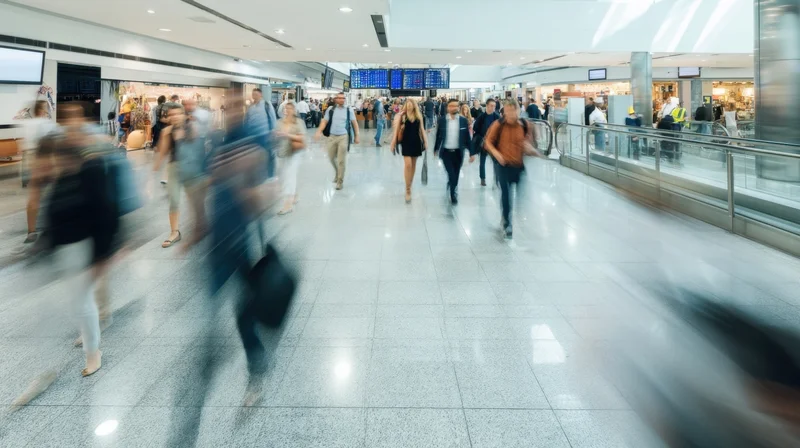 Travelers moving through a busy airport terminal hallway