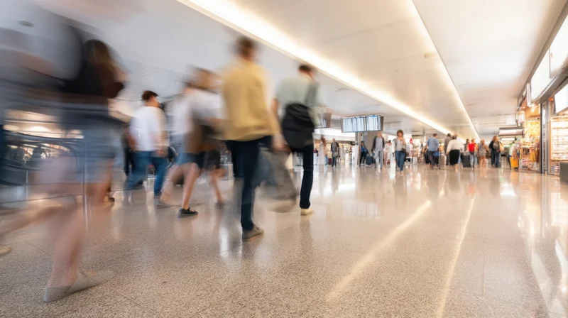 People moving through an airport terminal hallway with motion blur