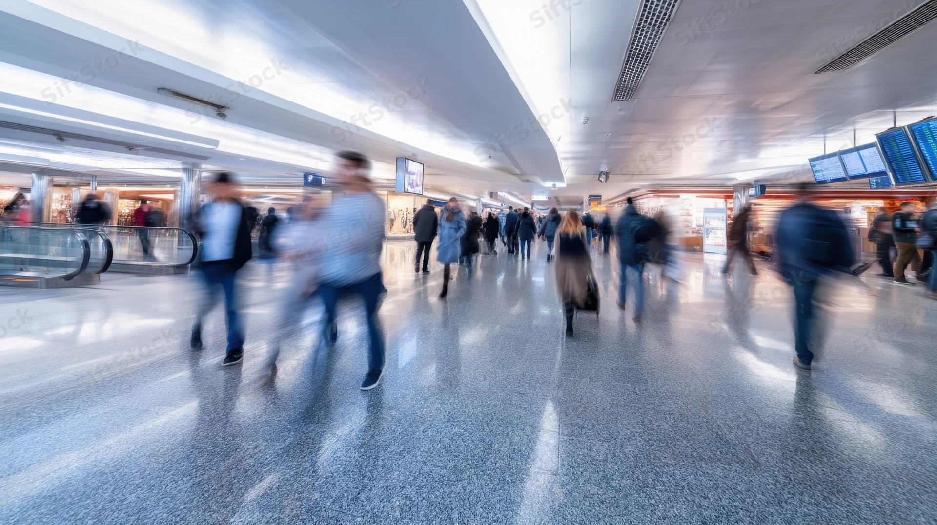 Travelers moving through a modern airport terminal with motion blur and digital signage