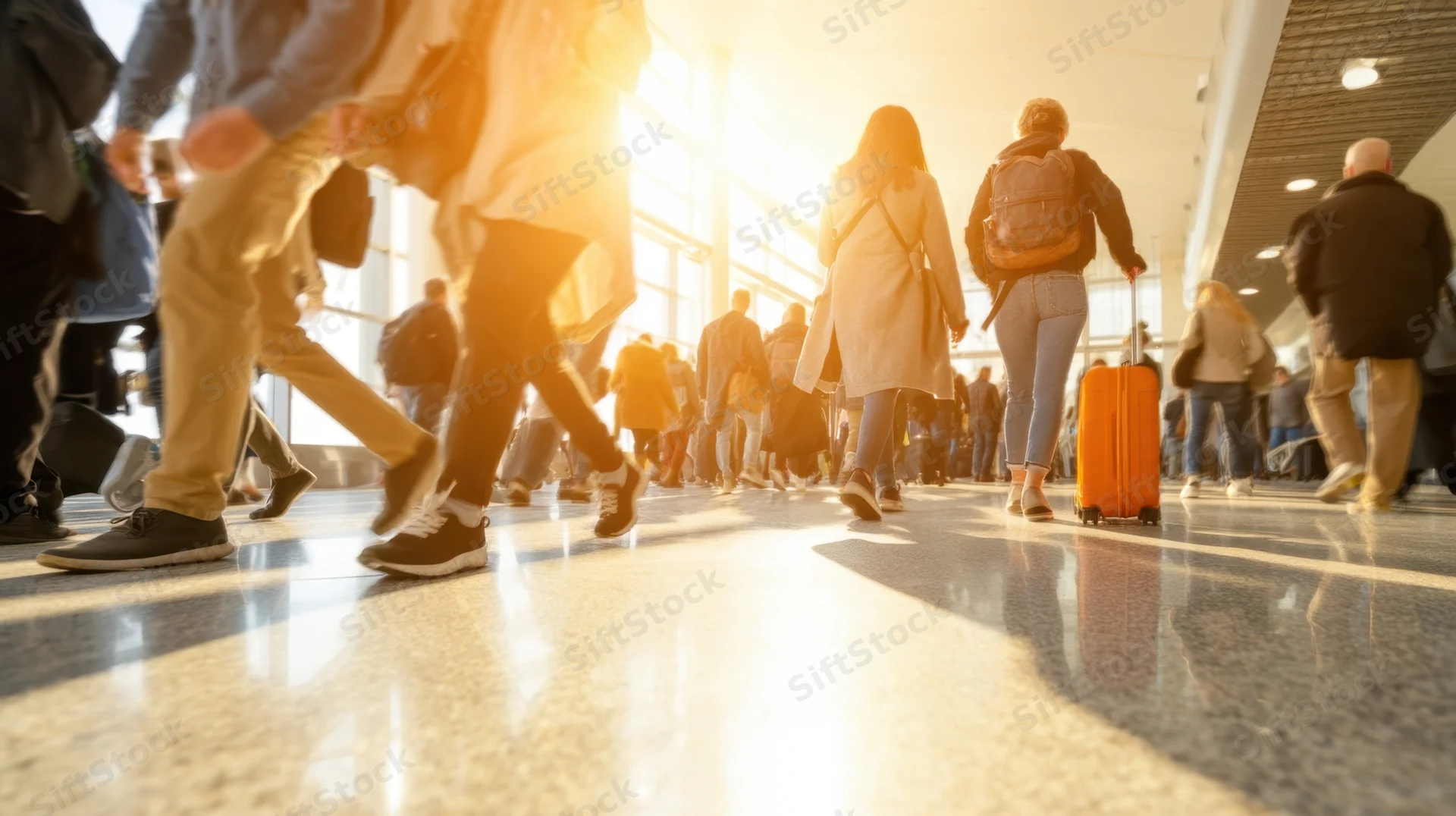 Travelers walking with luggage through a sunlit airport terminal