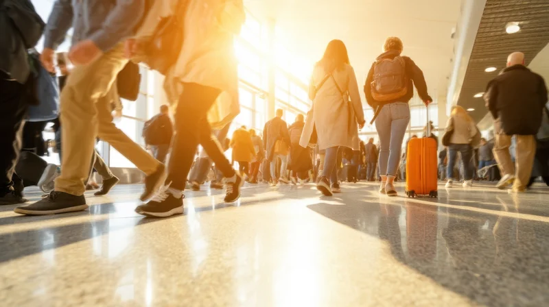 Travelers walking with luggage through a sunlit airport terminal
