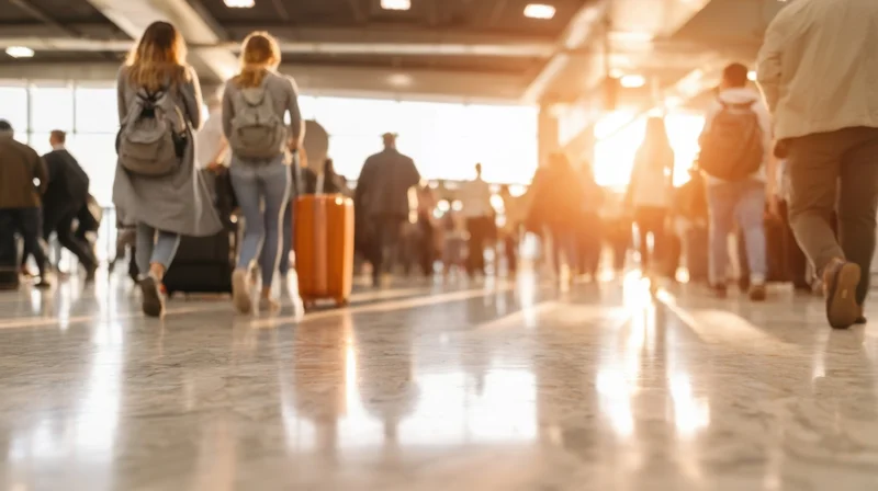Travelers with luggage walking through airport terminal toward bright exit