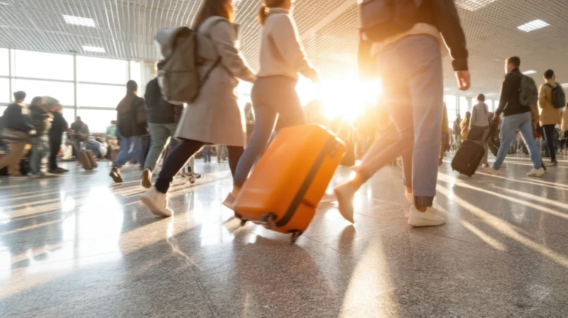 Travelers walking with luggage through a sunlit airport terminal