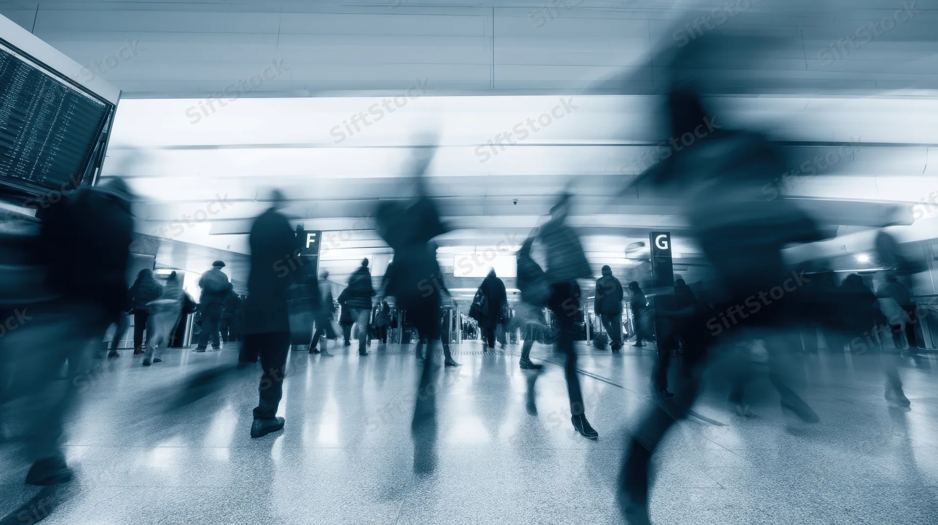 Blurred travelers moving through airport terminal with digital flight display and gate signs visible