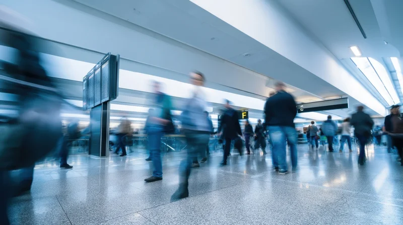 Blurred travelers moving through a modern airport terminal with digital signage and wide windows