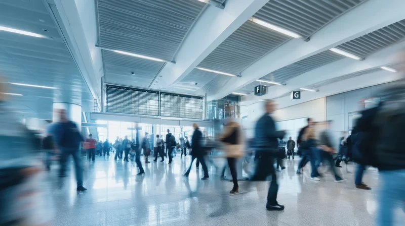 Travelers moving through a modern airport terminal with motion blur and digital signage overhead