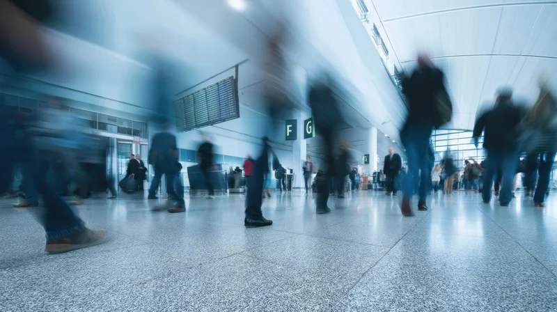 Blurred travelers moving through a modern airport terminal with digital flight displays and tiled floor