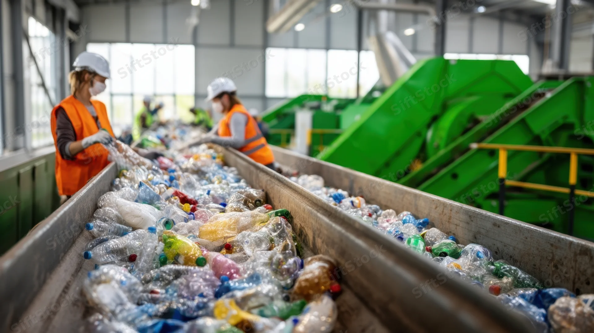 Women in safety gear sorting plastic bottles on a conveyor belt in a recycling facility
