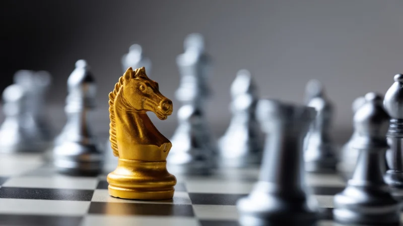 Golden knight chess piece standing on a checkered board surrounded by silver pieces