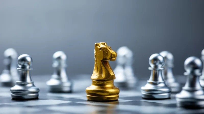 Golden knight chess piece centered on board surrounded by silver pawns