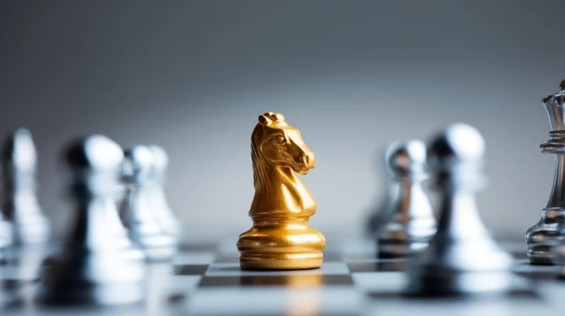 Golden knight chess piece in focus on a board with silver pieces blurred around it