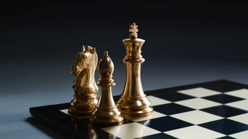 Golden chess pieces including king, knight and bishop arranged on a checkered board against a dark background