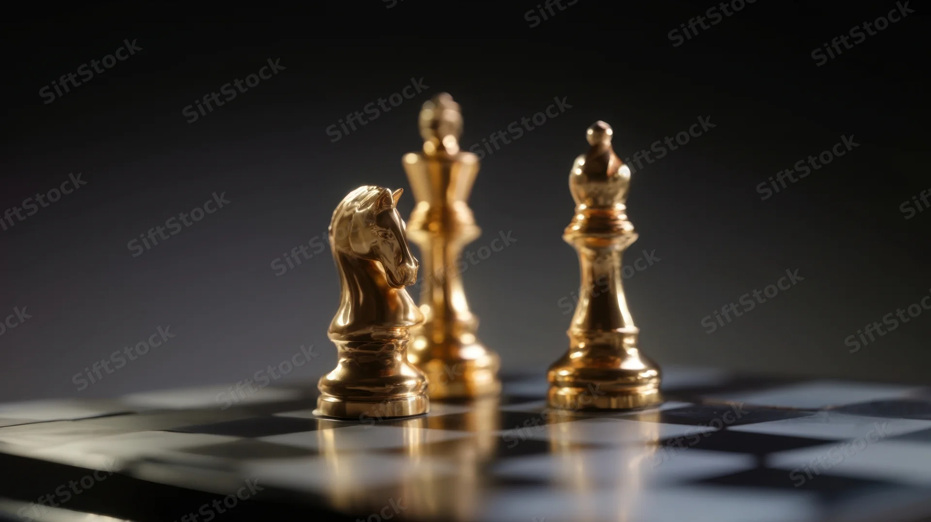 Golden chess pieces arranged on a glossy board with shallow depth of field