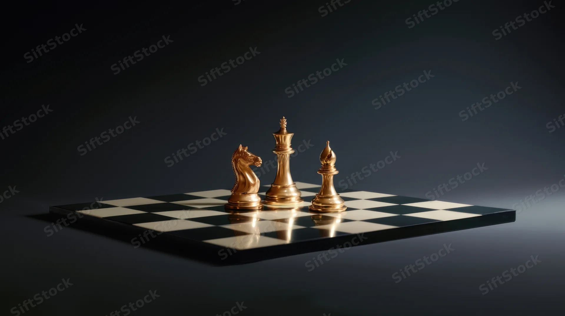 Golden chess pieces arranged on a checkered board against a dark background