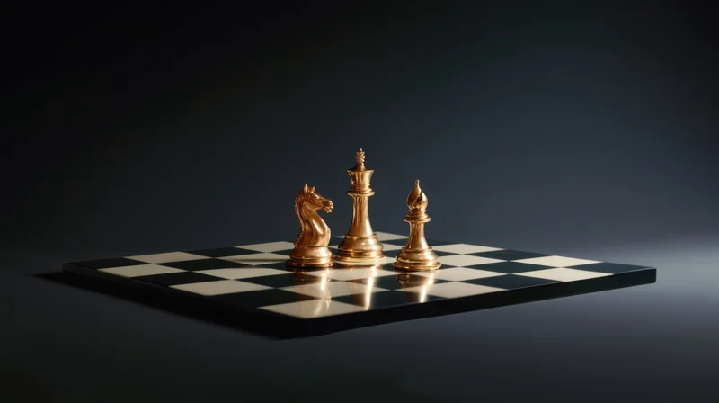 Golden chess pieces arranged on a checkered board against a dark background