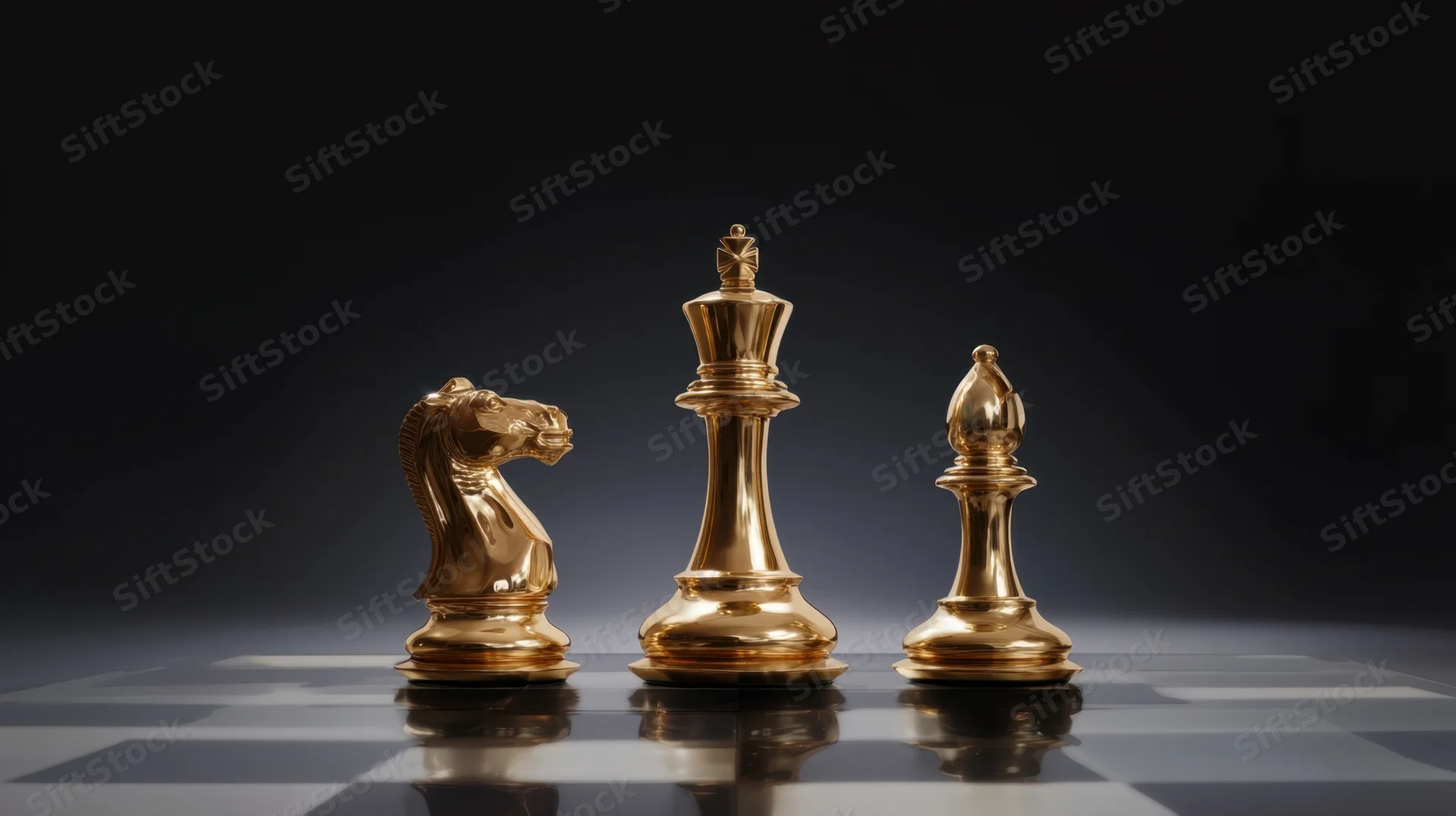 Golden chess pieces arranged on a checkered board against a dark background