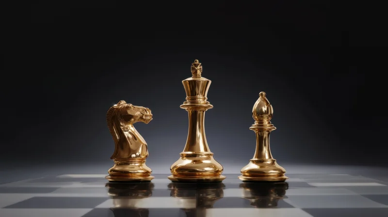 Golden chess pieces arranged on a checkered board against a dark background