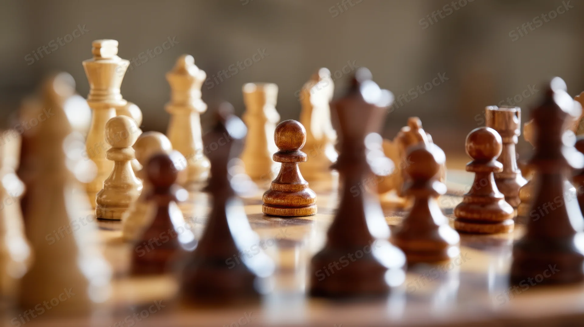 Wooden chess pieces arranged on a board in mid-game, shallow depth of field focusing on central pawns