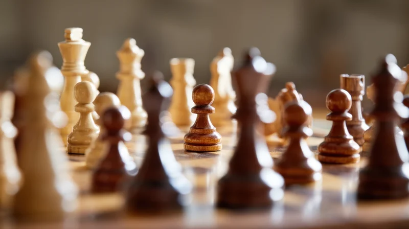Wooden chess pieces arranged on a board in mid-game, shallow depth of field focusing on central pawns