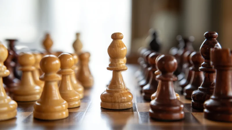 Wooden chess pieces arranged on a board in a close-up view showing white and black pawns facing each other