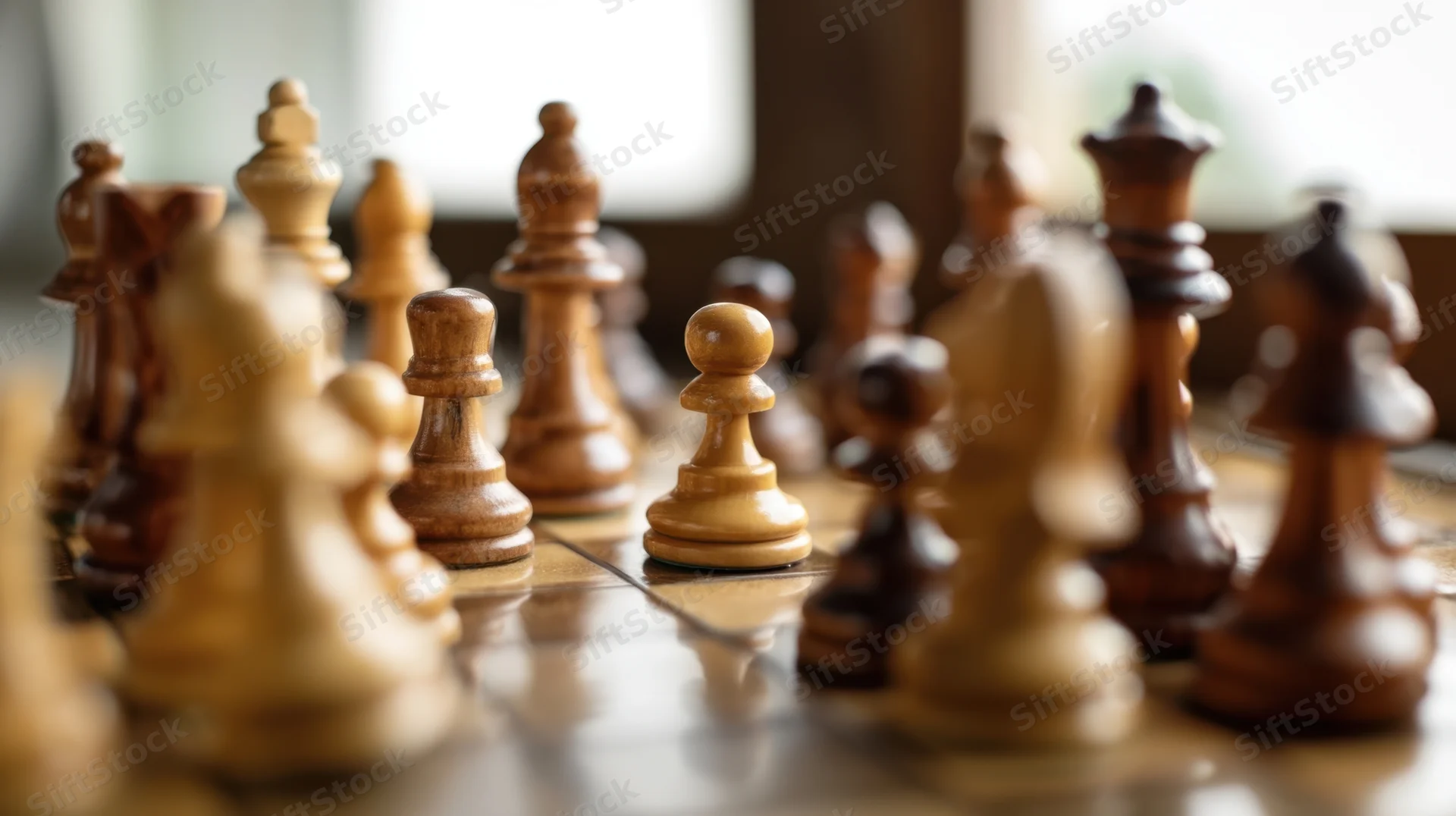 Wooden chess pieces arranged on a board in a close-up view with shallow depth of field