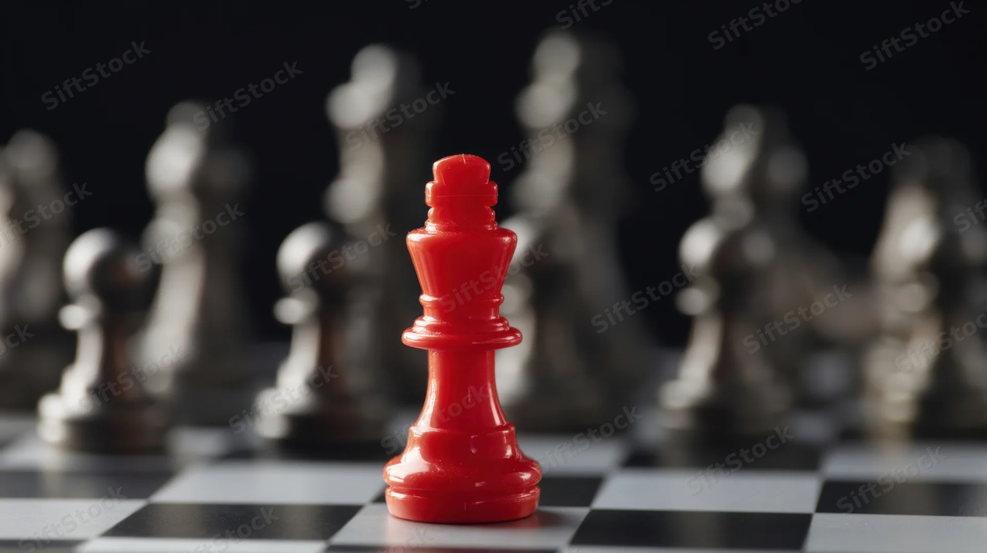 Red chess king in focus on checkered board with blurred silver pieces behind