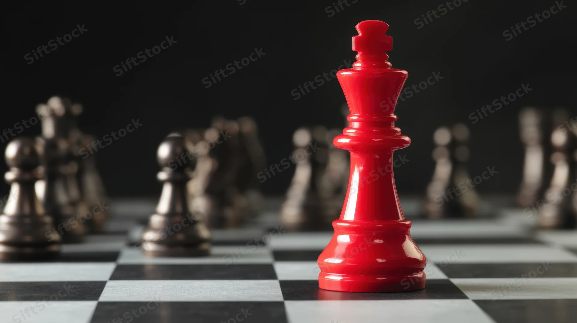 Red king chess piece standing on a chessboard with silver pieces in the background