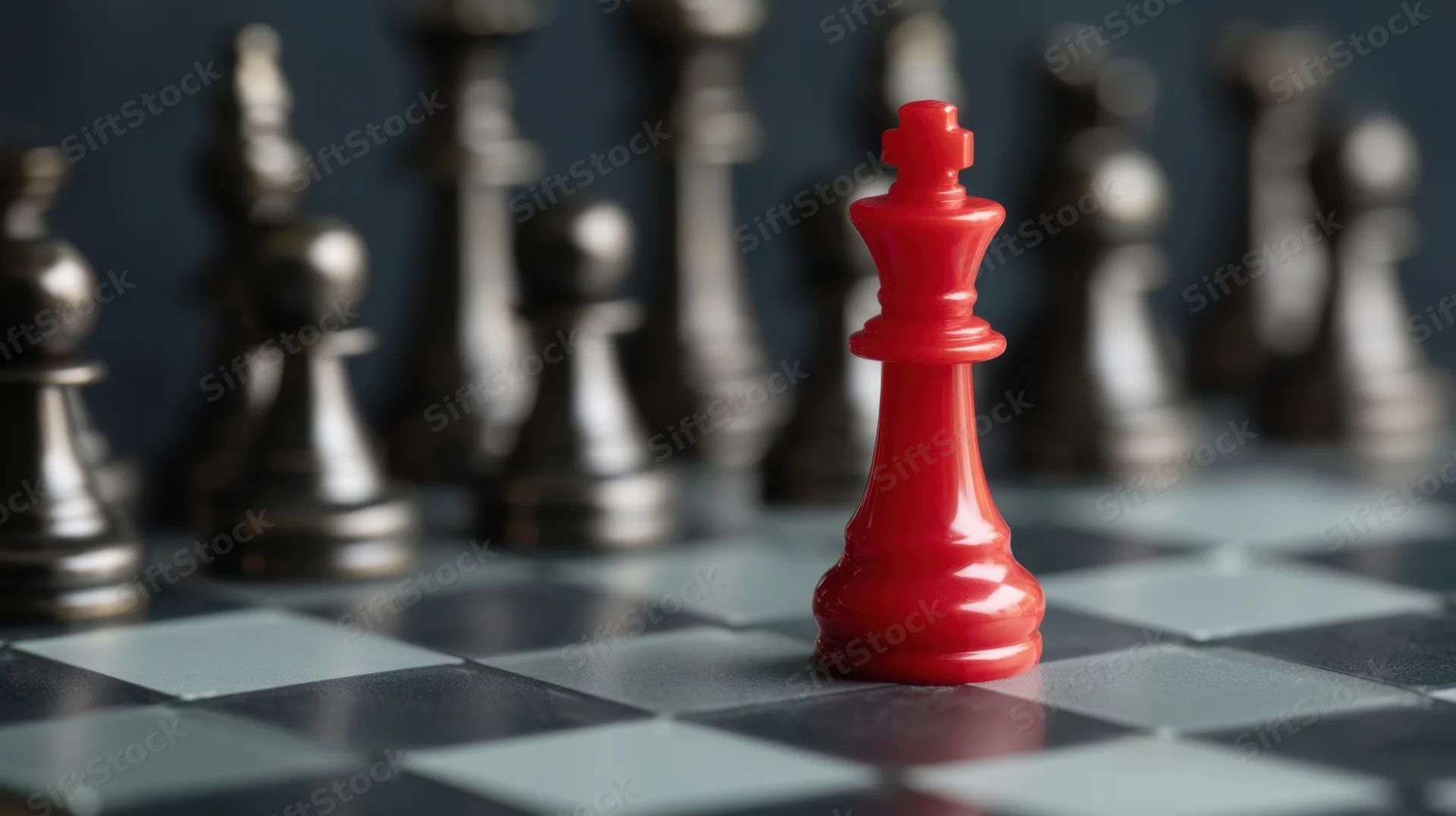 Red chess king in focus on a chessboard with blurred silver pieces in background