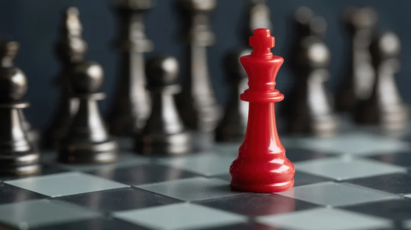 Red chess king in focus on a chessboard with blurred silver pieces in background