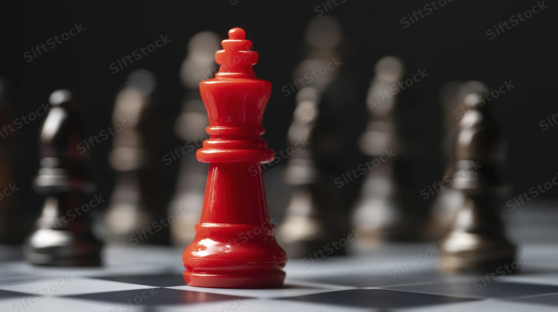 Red chess king in focus on a chessboard with blurred black pieces in background