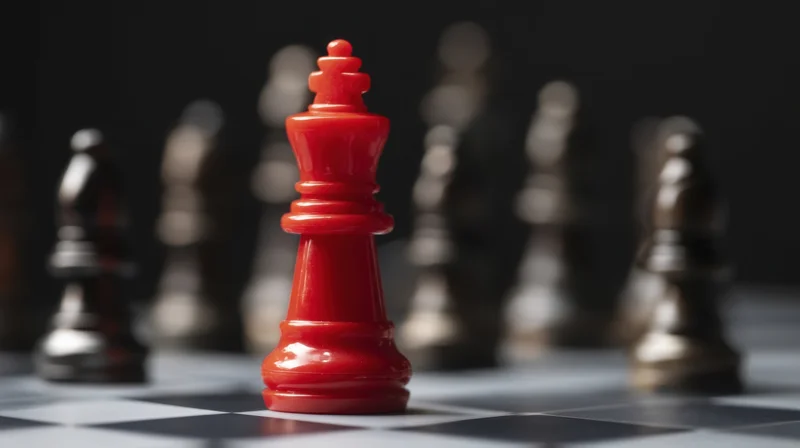 Red chess king in focus on a chessboard with blurred black pieces in background