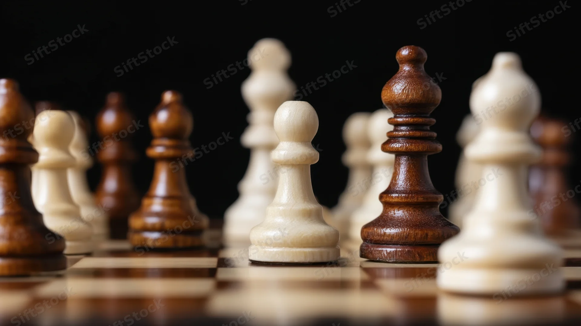 Chess pieces arranged on a wooden board with shallow depth of field against a dark background