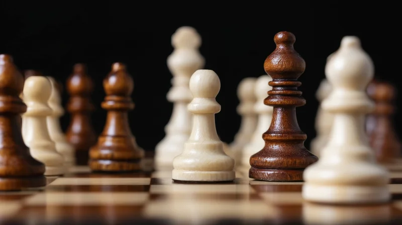 Chess pieces arranged on a wooden board with shallow depth of field against a dark background