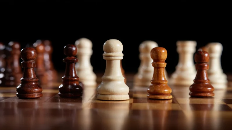 Chess pawns arranged in rows on a wooden board with shallow depth of field