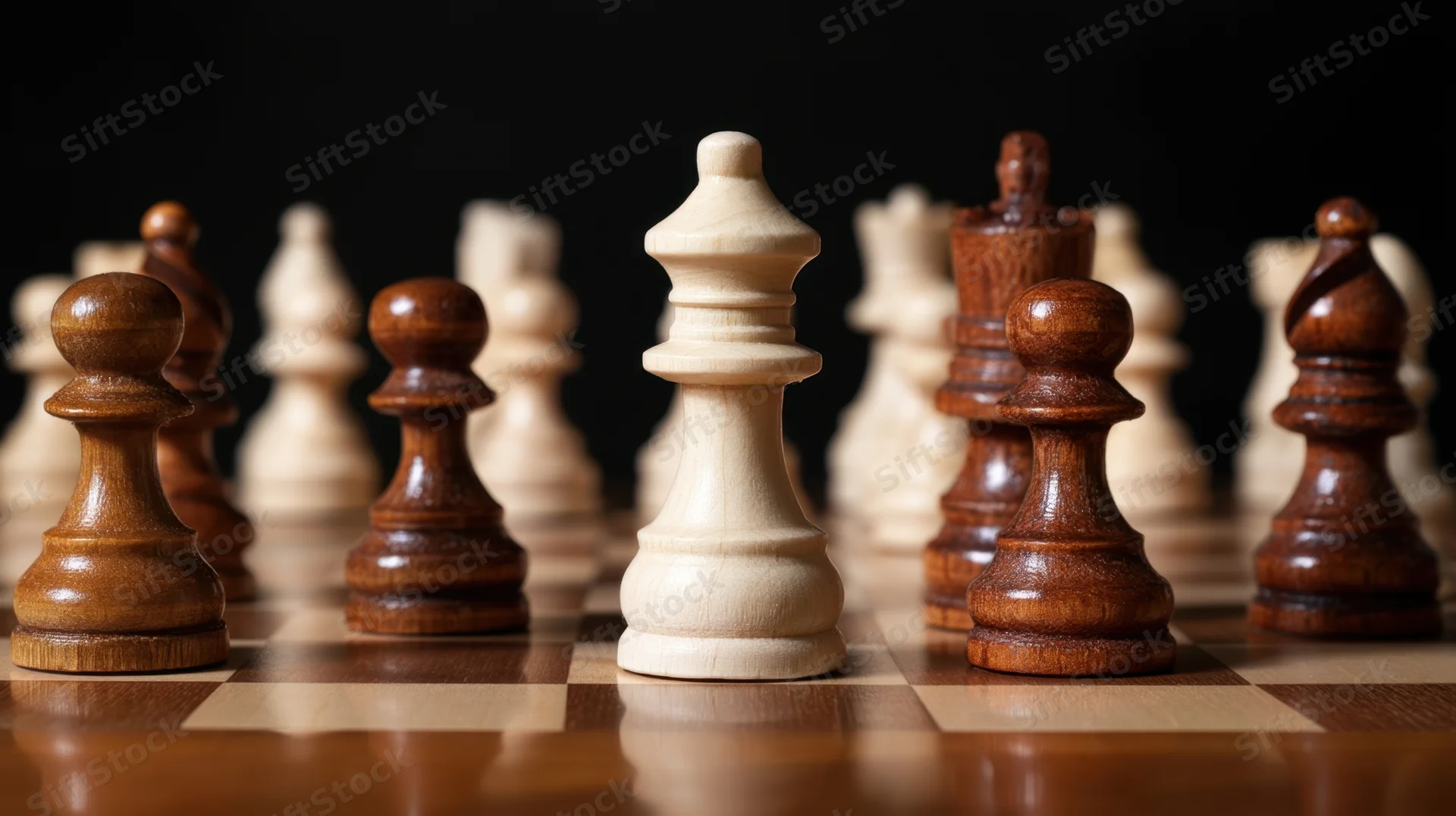 Wooden chess pieces arranged on a chessboard with a central white king surrounded by pawns in shallow focus