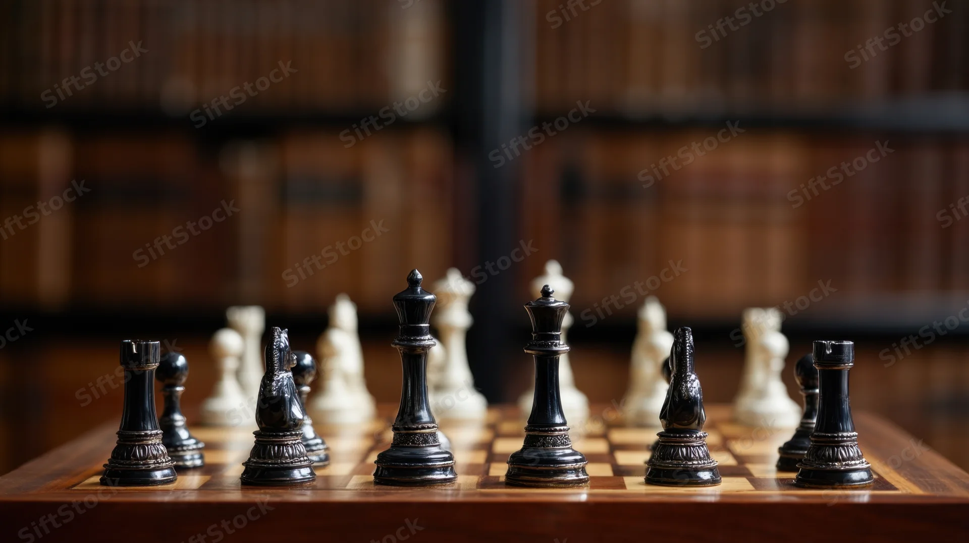 Chess pieces arranged on a wooden board in a library setting
