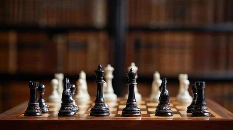 Chess pieces arranged on a wooden board in a library setting