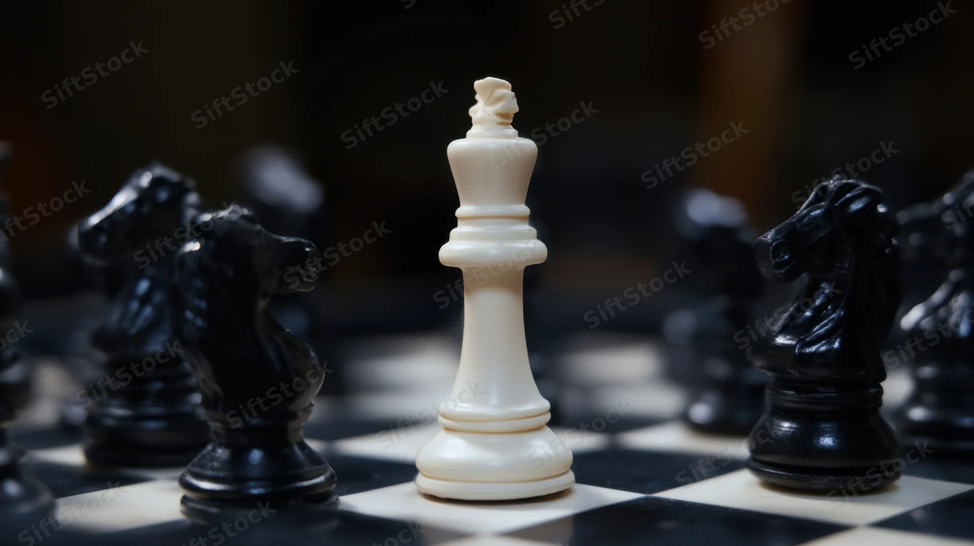 White king standing on chessboard surrounded by black knights in close-up view