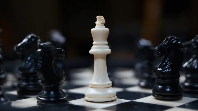 White king standing on chessboard surrounded by black knights in close-up view