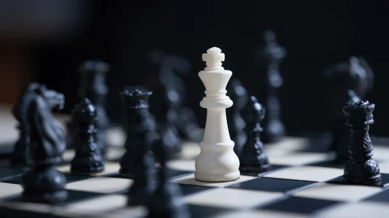 White king standing on chessboard surrounded by black pieces in close-up view